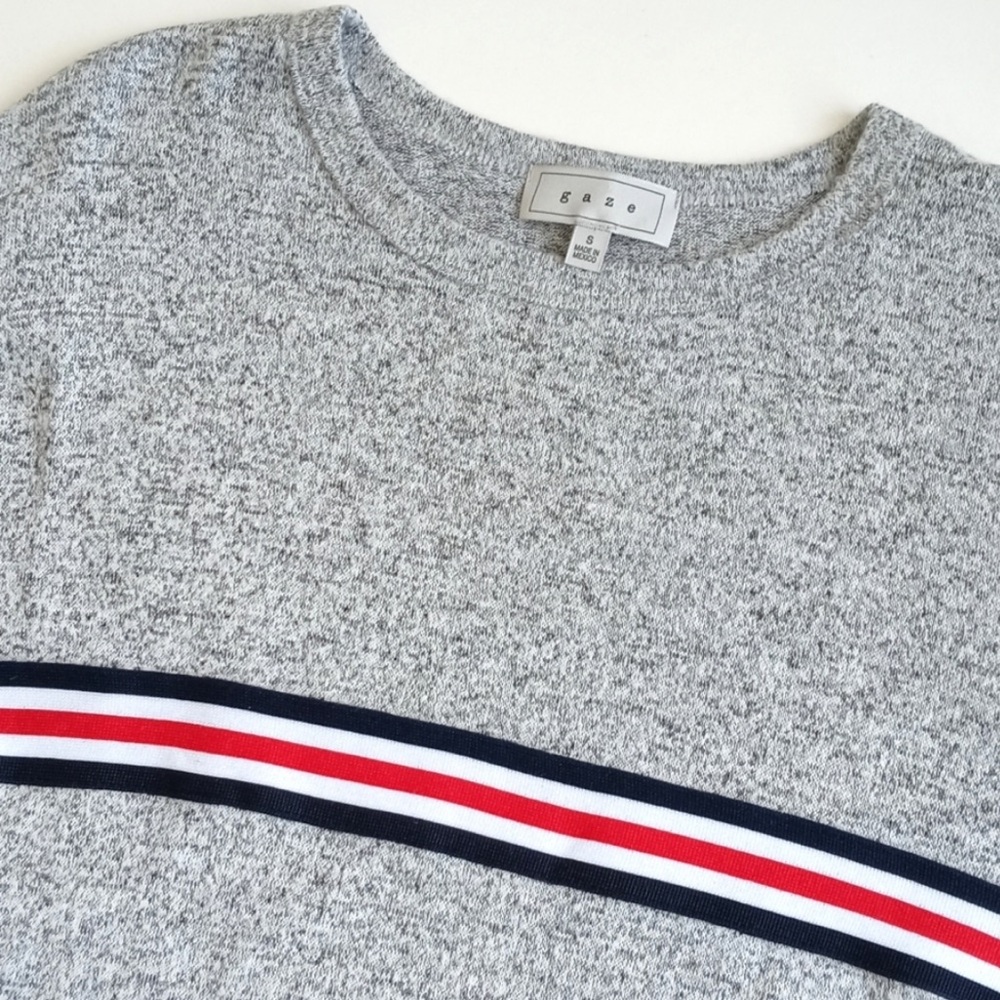 Gaze Women's Soft Grey w Red Blue & White Racer Stripes Long Sleeve Sweater S - Picture 4 of 10